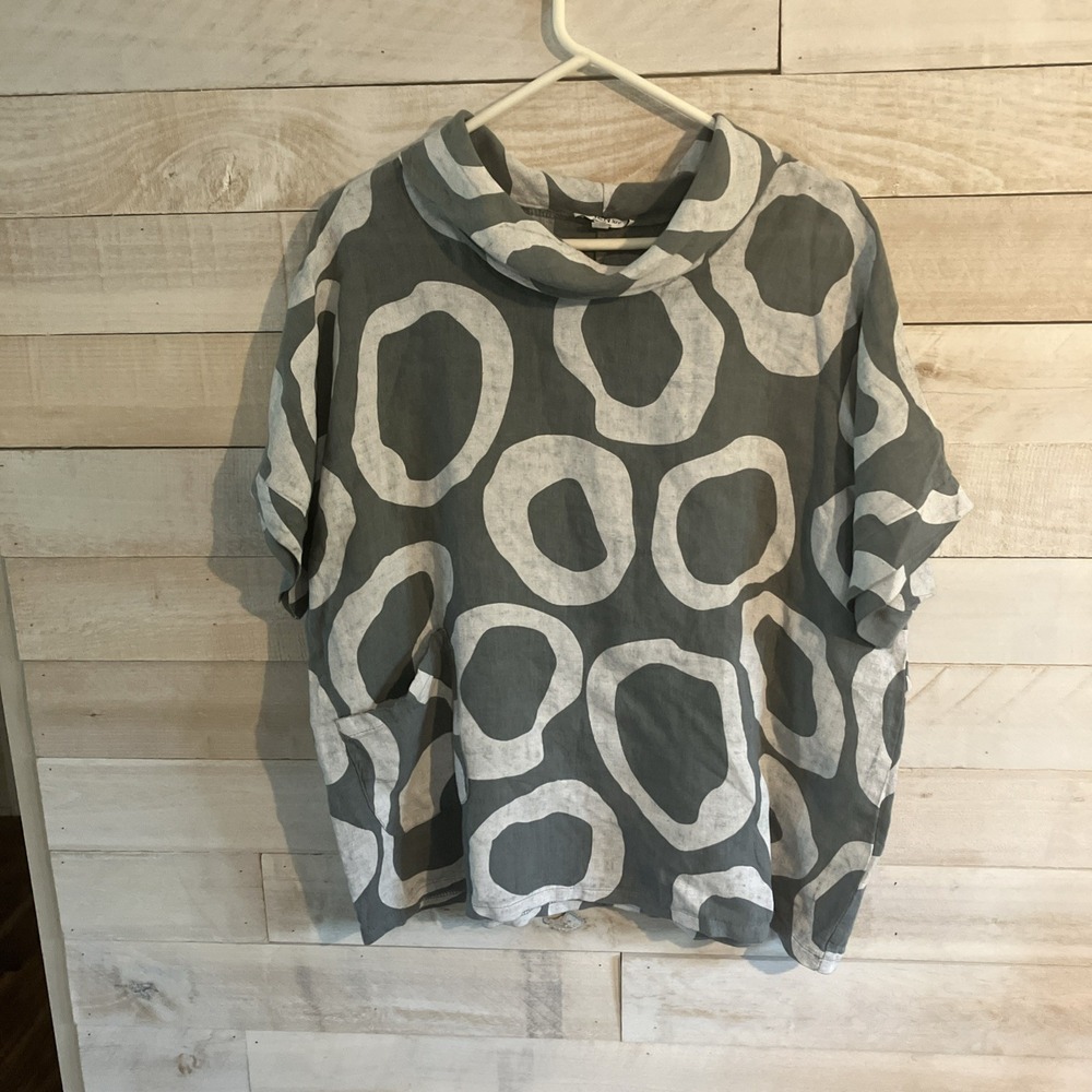Linen Luv Women's Blouse Size L Gray&white Circles Boho Fun